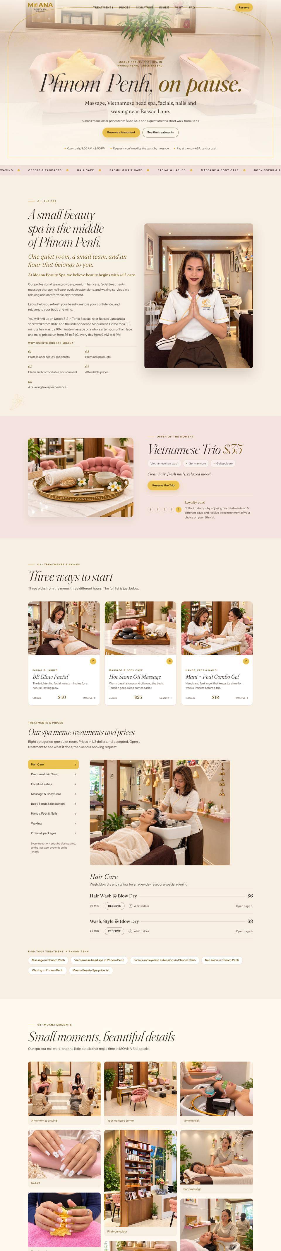 The full Moana Beauty Spa homepage, scrolling